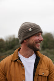 Malin Cashmere + Merino Mix Ribbed Beanie - Seaweed Green Brown