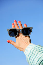 Made with sustainable speckled charcoal wheat straw or coffee residue frame and walnut wood temples, these stylish shades are lightweight, comfortable and eco-friendly with their plastic alternative materials. Fitted with UV400 polarised lenses in a smoke black colour and subtle logo is engraved on the temples. Sunglasses come with a padded pouch and microfibre cleaning cloth.