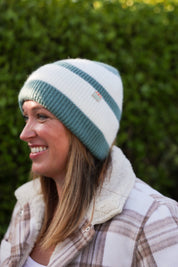 Rue Wool Mix Stripe Beanie - Teal Green