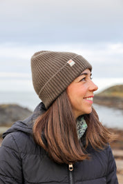 Malin Cashmere + Merino Mix Ribbed Beanie - Seaweed Green Brown