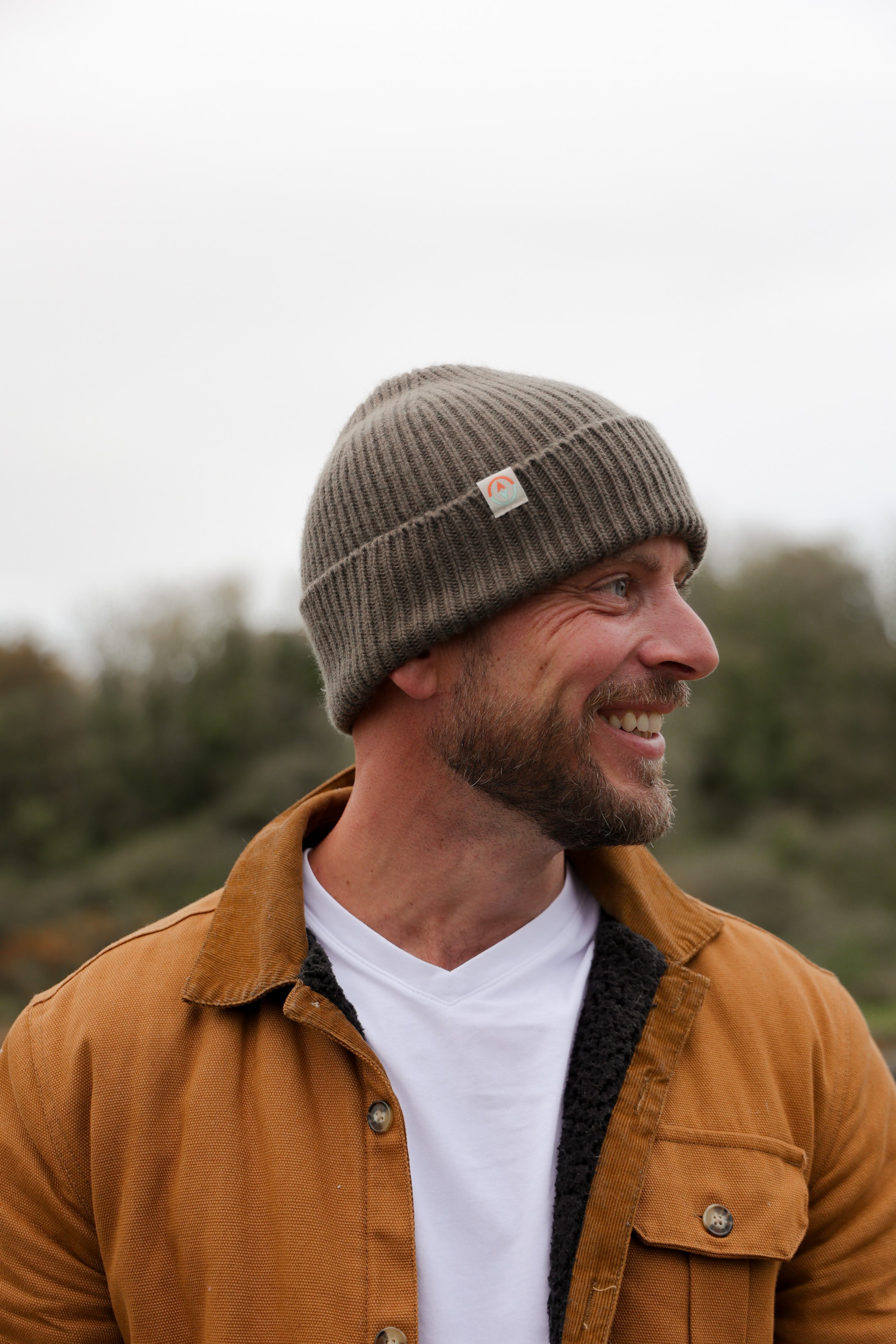 Malin Cashmere + Merino Mix Ribbed Beanie - Seaweed Green Brown