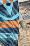 Sustainable waterproof picnic blanket made from recycled polyester, oversized yet packable as it folds flat into a laptop size to slide into a backpack. Zip corner pocket and stake loops and sand pockets to keep it in place. 