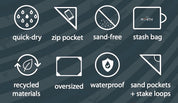 Sustainable waterproof picnic blanket made from recycled polyester, oversized yet packable as it folds flat into a laptop size to slide into a backpack. Zip corner pocket and stake loops and sand pockets to keep it in place. 